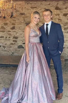 Kateprom Shiny A line V neck Spaghetti Straps Long Prom Dresses, Formal Dresses KPP1483