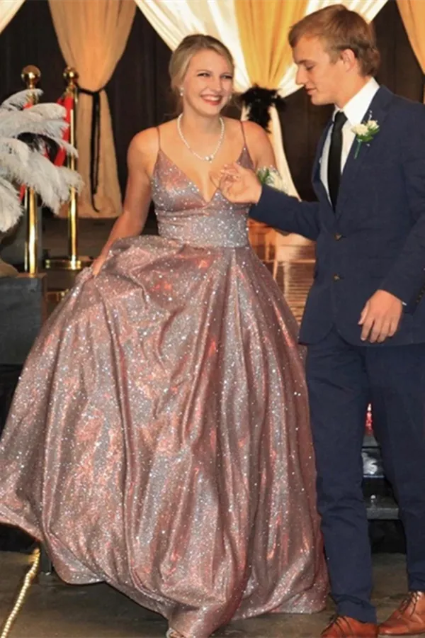 Kateprom Shiny A line V neck Spaghetti Straps Long Prom Dresses, Formal Dresses KPP1483