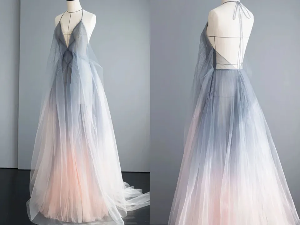 Kateprom Simple Deep V Neck Ombre Tulle Halter Sleeveless Prom Dresses Backless Formal Dresses KPP1465