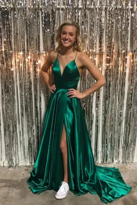 Kateprom Simple Spaghetti Straps Front Split Zipper Back Long Prom Dresses KPP1464