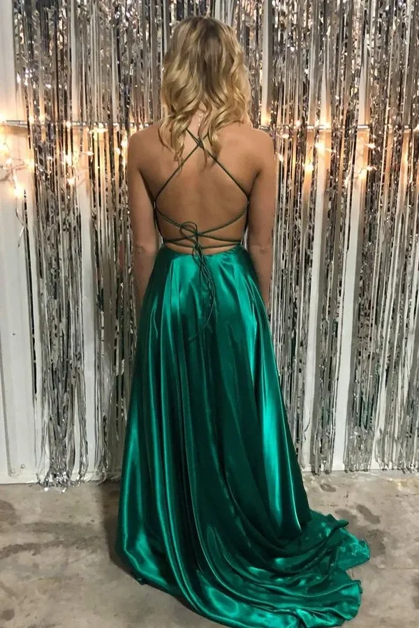 Kateprom Simple Spaghetti Straps Front Split Zipper Back Long Prom Dresses KPP1464