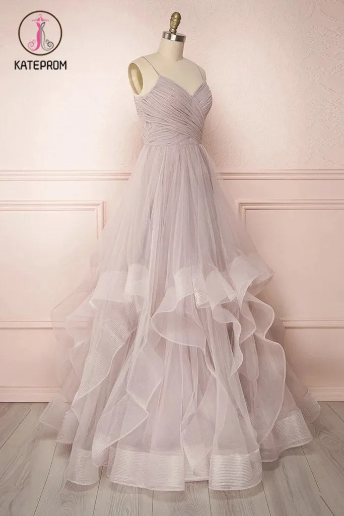Kateprom Spaghetti Straps Pleated Floor Length Tulle Prom Dress, A Line Long Evening Dresses KPP1246
