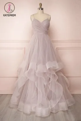 Kateprom Spaghetti Straps Pleated Floor Length Tulle Prom Dress, A Line Long Evening Dresses KPP1246