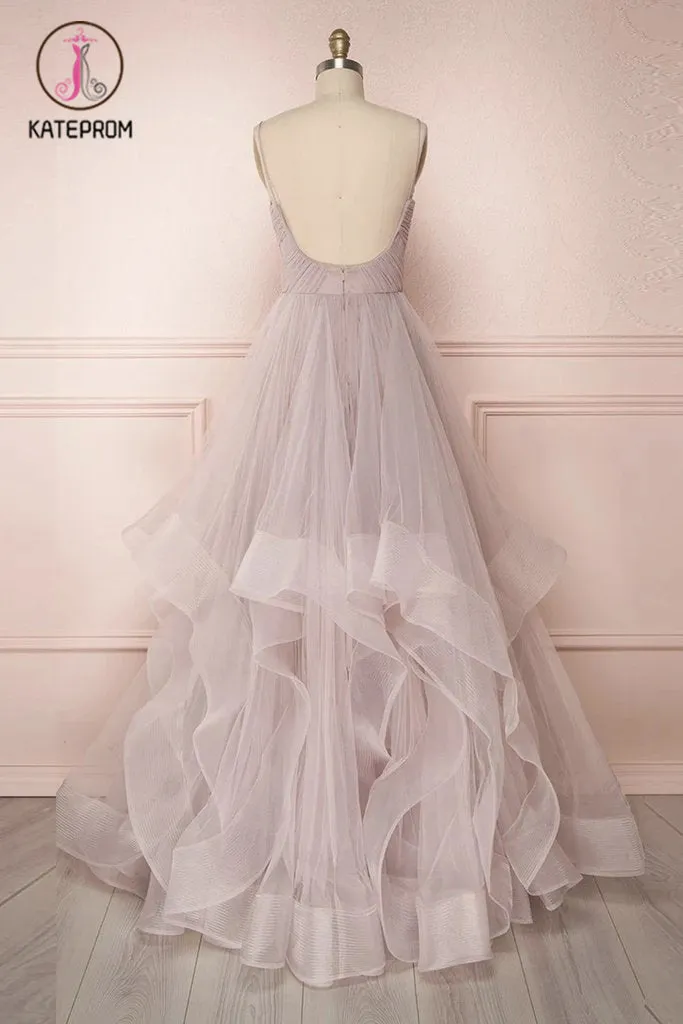 Kateprom Spaghetti Straps Pleated Floor Length Tulle Prom Dress, A Line Long Evening Dresses KPP1246