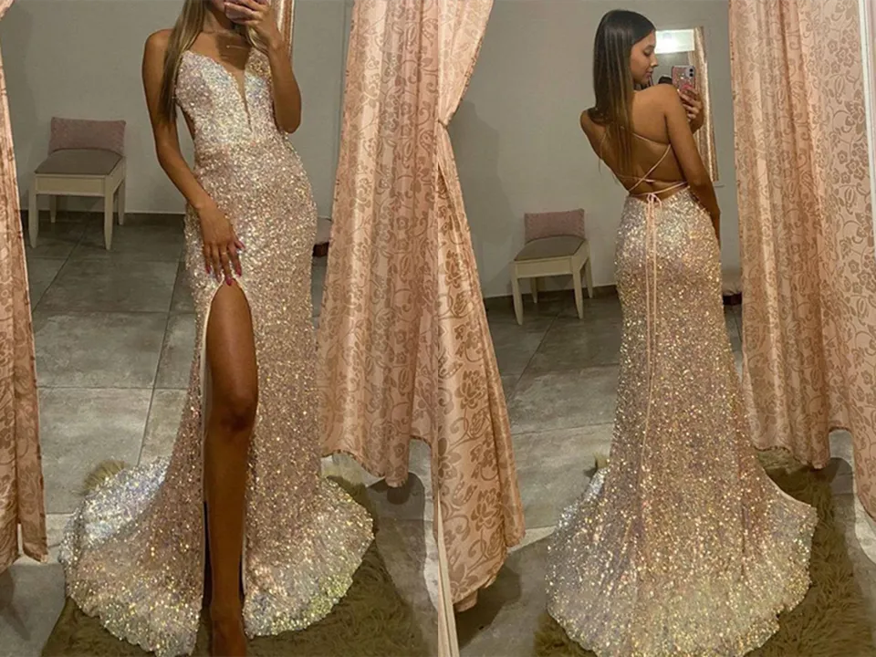Kateprom Trumpet Mermaid Deep V Long Prom Dresses Sparkly Split Evening Dresses KPP1471