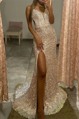 Kateprom Trumpet Mermaid Deep V Long Prom Dresses Sparkly Split Evening Dresses KPP1471