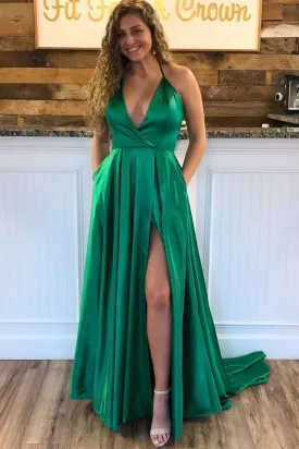 Kateprom V Neck A Line Prom Dresses Sweep Train Slit Ruffles Party Dresses KPP1452