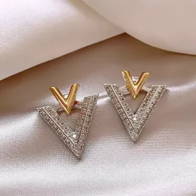 Korea New Design Fashion Jewelry 14K Gold Plated Zircon V Earrings