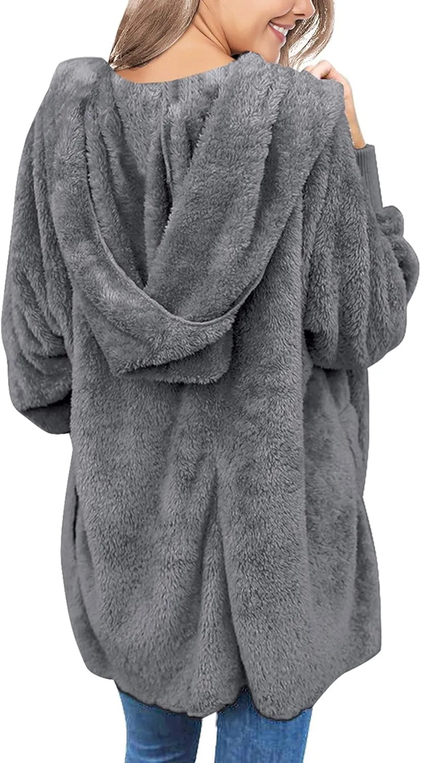 luvamia Women Fuzzy Fleece Open Front Pockets Hooded Cardigan Jacket Coat Outwear