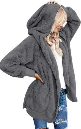 luvamia Women Fuzzy Fleece Open Front Pockets Hooded Cardigan Jacket Coat Outwear