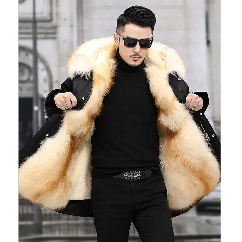 Mens Fur-Lined Coat  Hooded  Insulated  Mid-Length  Stylish Cold Weather Wear