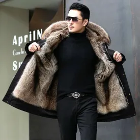 Mens Fur-Lined Coat  Hooded  Insulated  Mid-Length  Stylish Cold Weather Wear