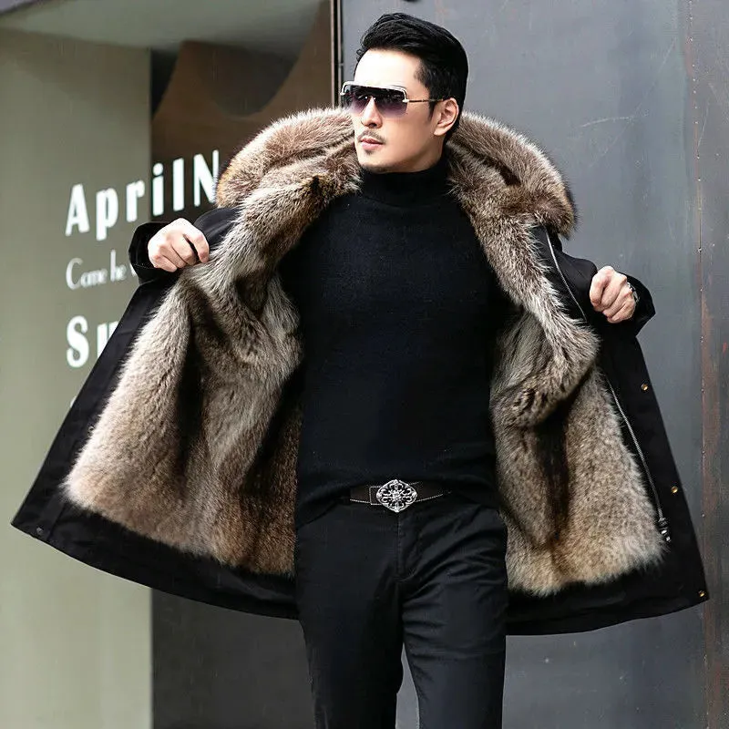 Mens Fur-Lined Coat  Hooded  Insulated  Mid-Length  Stylish Cold Weather Wear