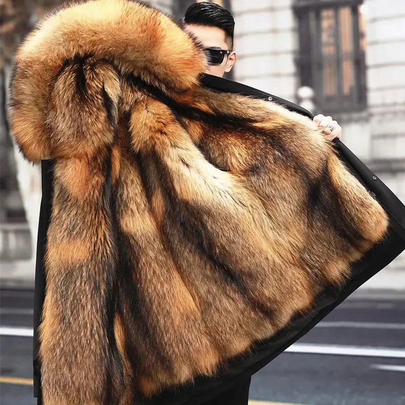 Mens Fur-Lined Coat  Hooded  Insulated  Mid-Length  Stylish Cold Weather Wear