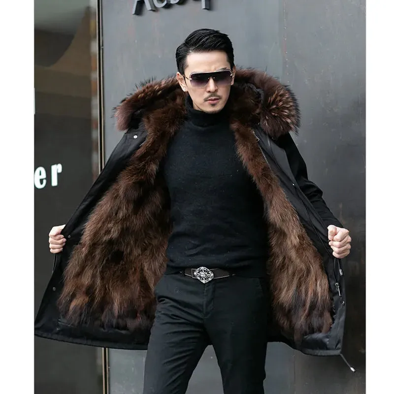 Mens Fur-Lined Coat  Hooded  Insulated  Mid-Length  Stylish Cold Weather Wear