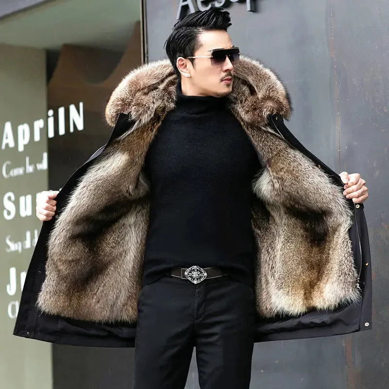 Mens Fur-Lined Coat  Hooded  Insulated  Mid-Length  Stylish Cold Weather Wear