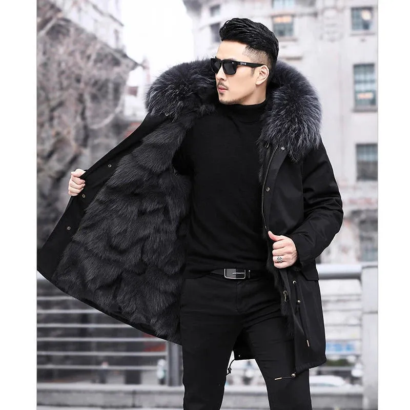 Mens Fur-Lined Coat  Hooded  Insulated  Mid-Length  Stylish Cold Weather Wear