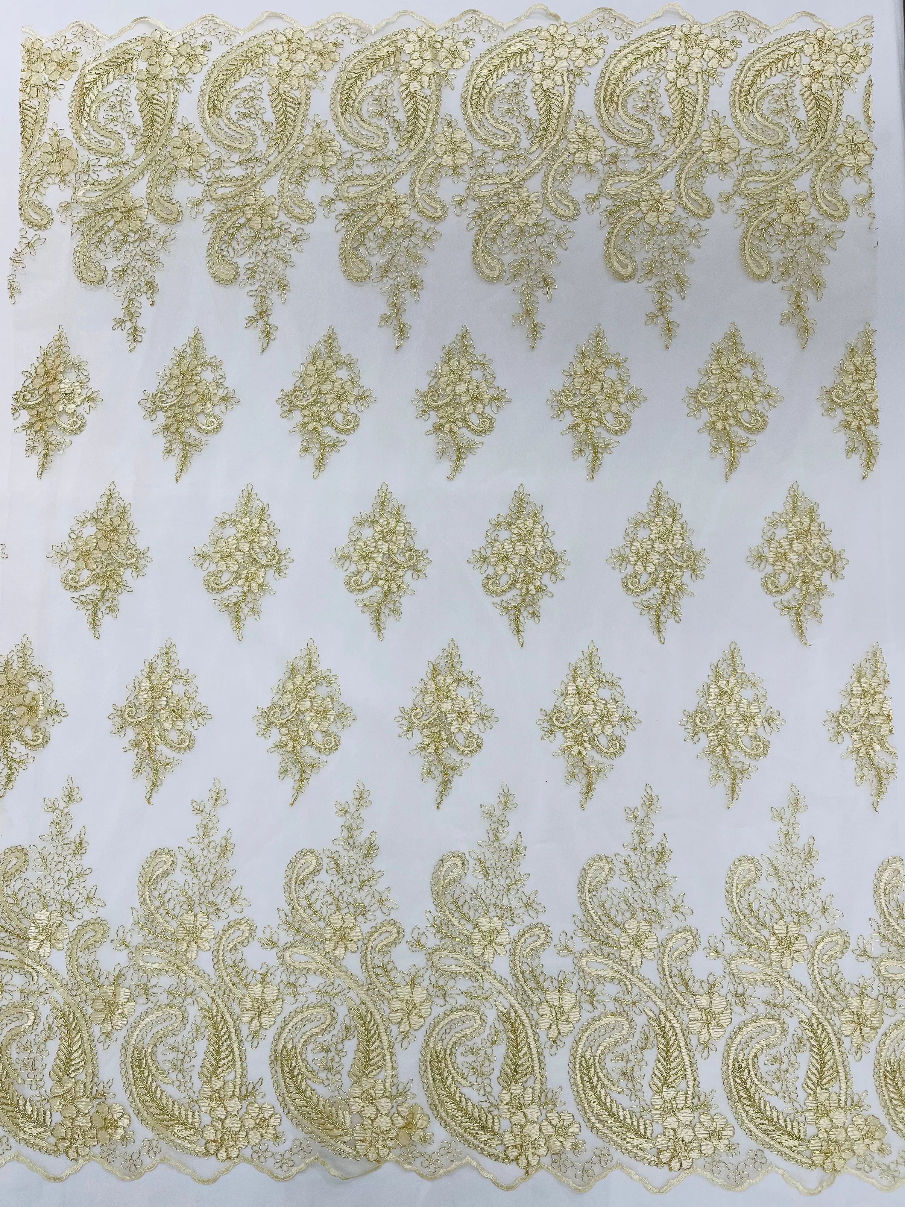Metallic corded embroider flowers with Paisley design on a mesh lace fabric-prom