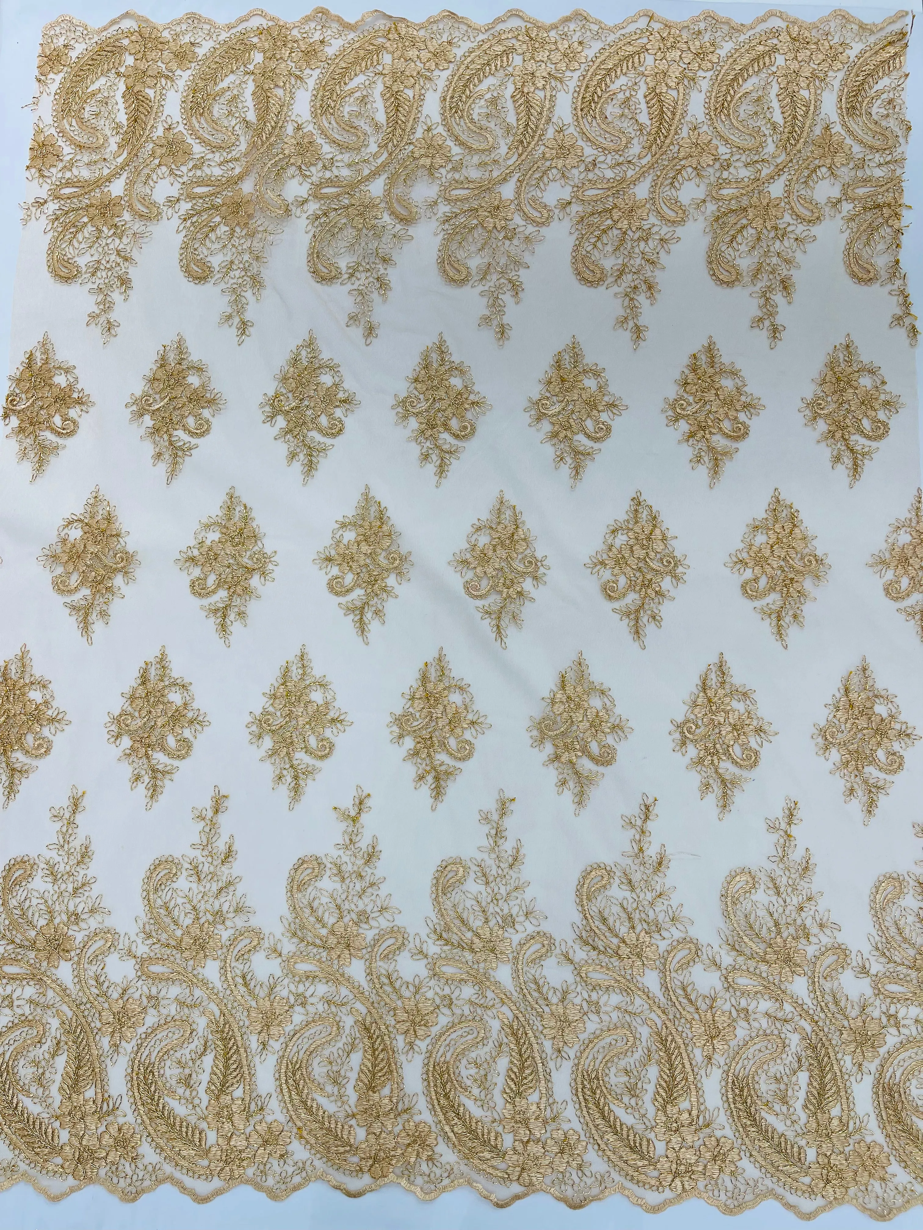 Metallic corded embroider flowers with Paisley design on a mesh lace fabric-prom