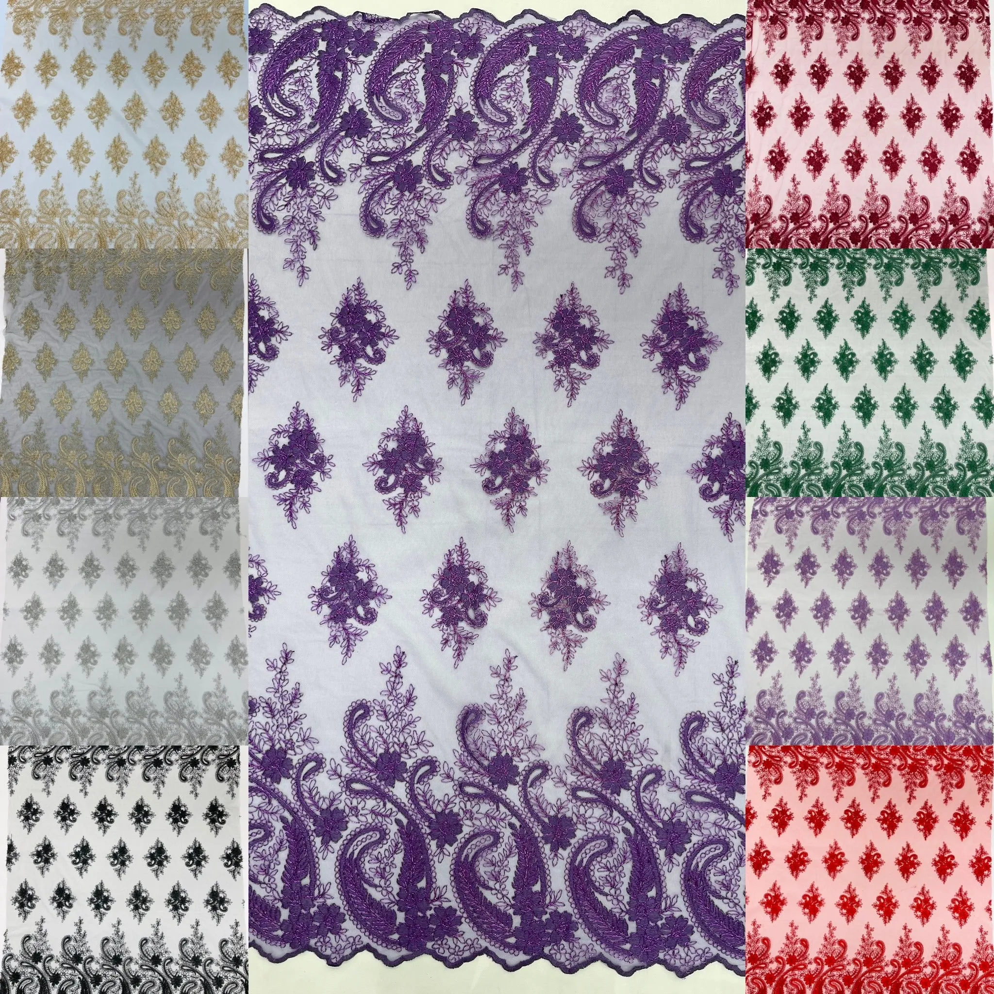 Metallic corded embroider flowers with Paisley design on a mesh lace fabric-prom