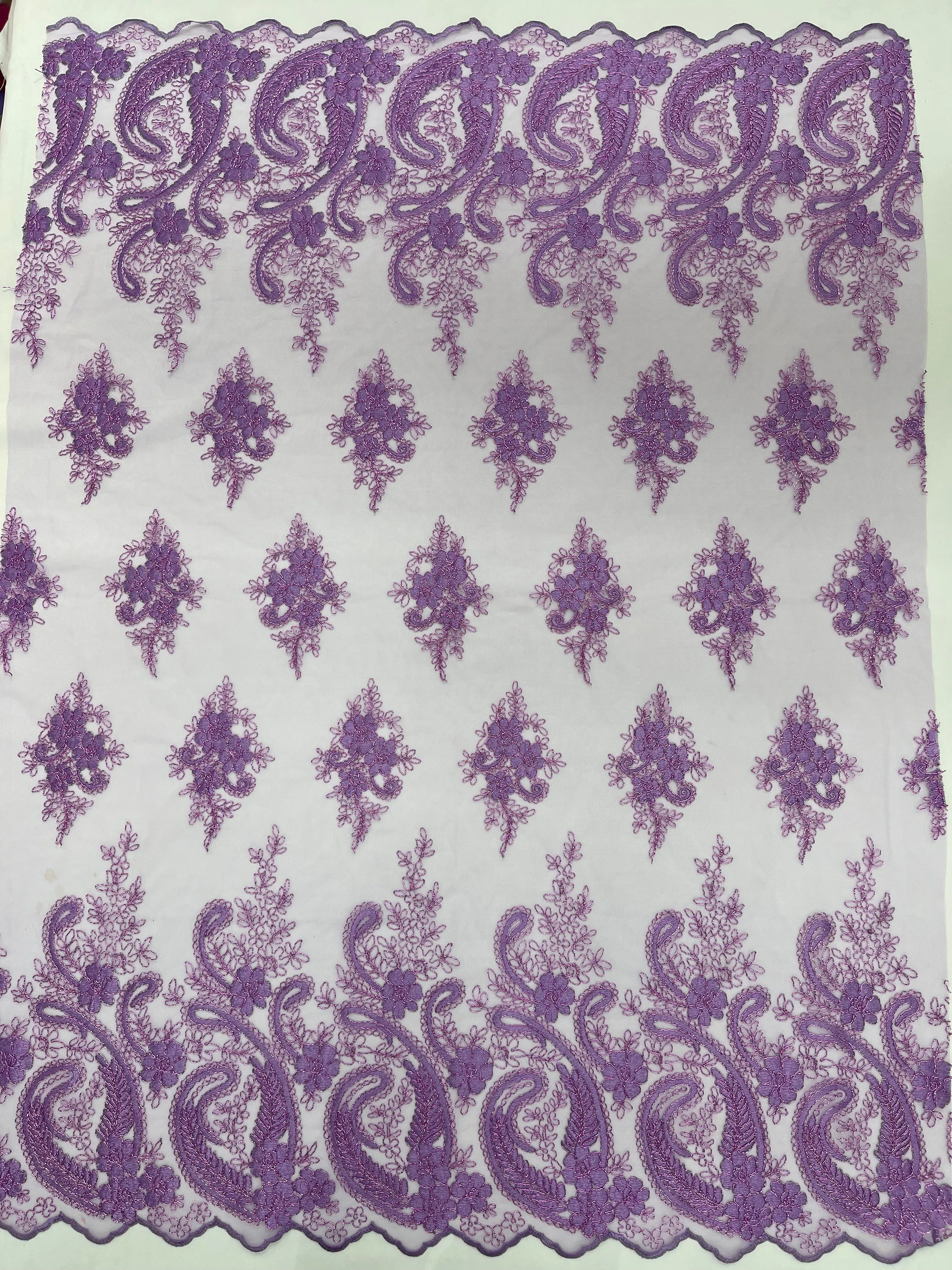Metallic corded embroider flowers with Paisley design on a mesh lace fabric-prom