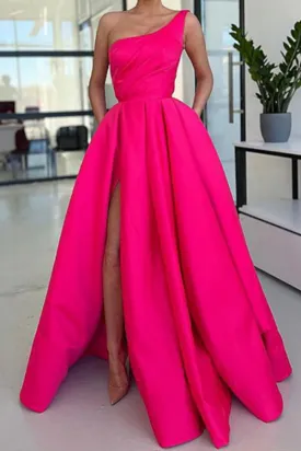 One Shoulder Pink Satin Prom Dresses, Formal Evening Dresses KPP1677
