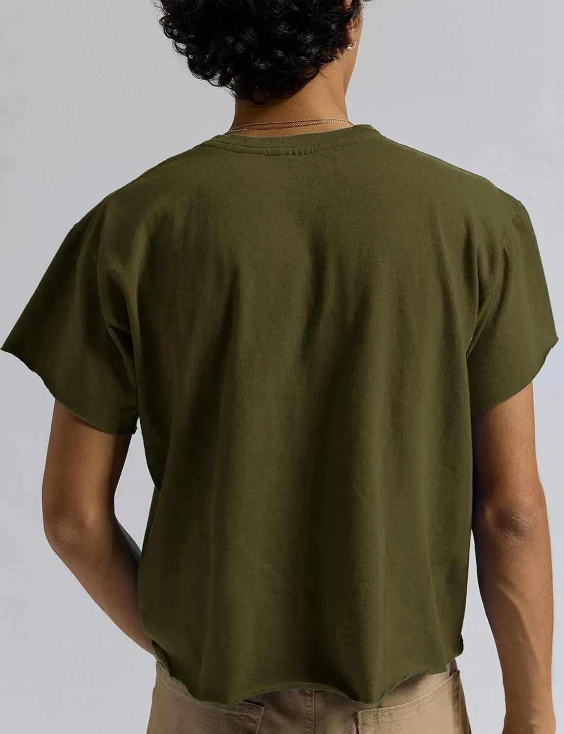 Orchidays Men's Boxy Cropped Raw Cut T Shirts Short Sleeve Round Neck Tee Casual Basic Tops