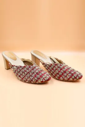 Red Sequins Embroidered Mules