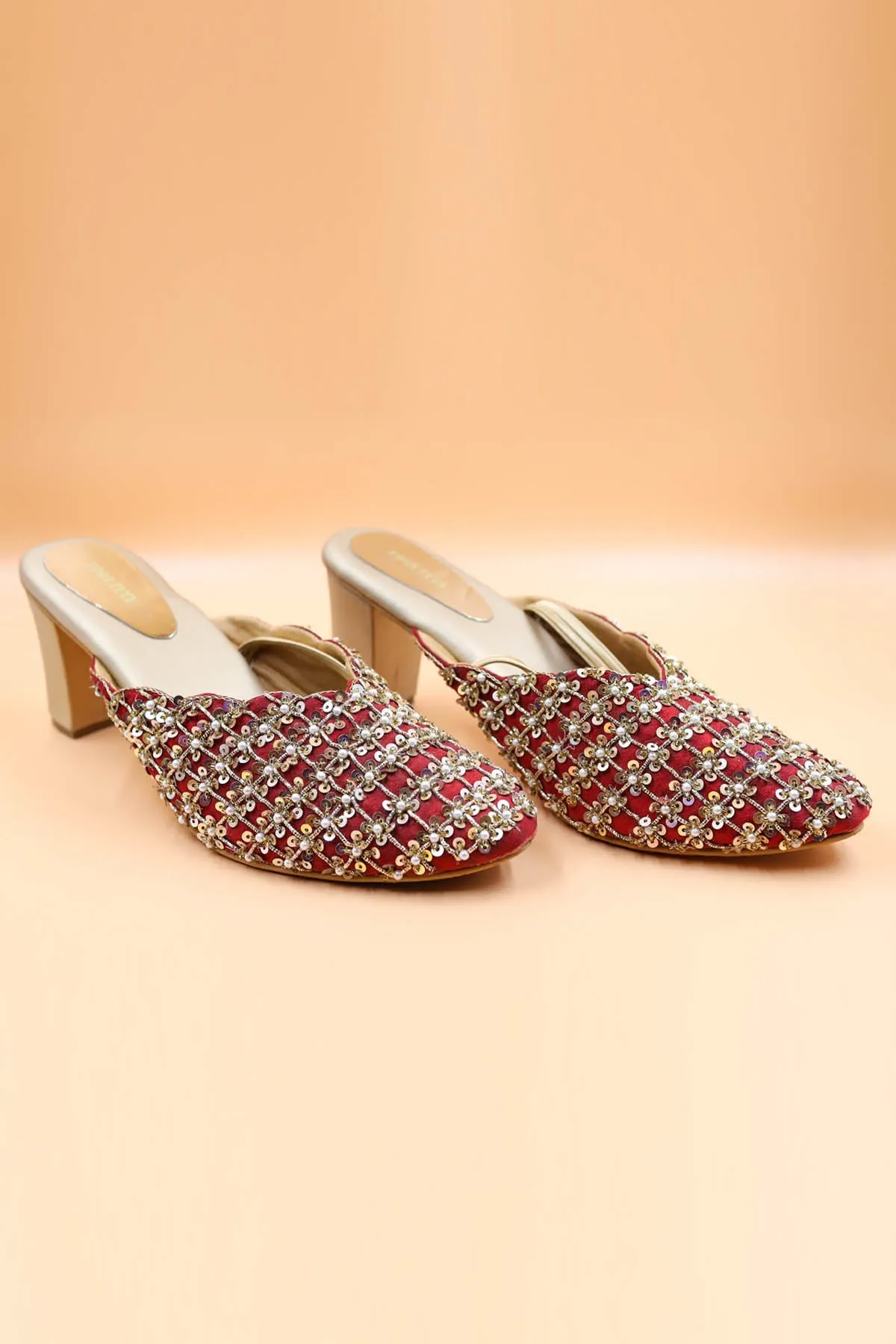 Red Sequins Embroidered Mules