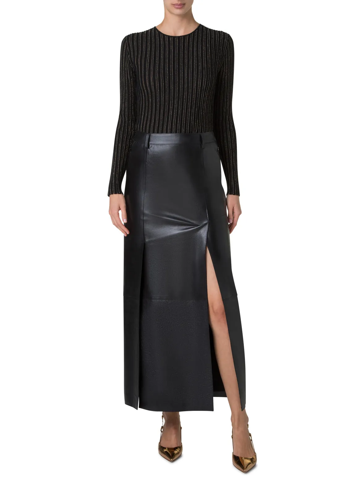 Ribbed Sweater in Wool Silk with Golden Lurex Stripes