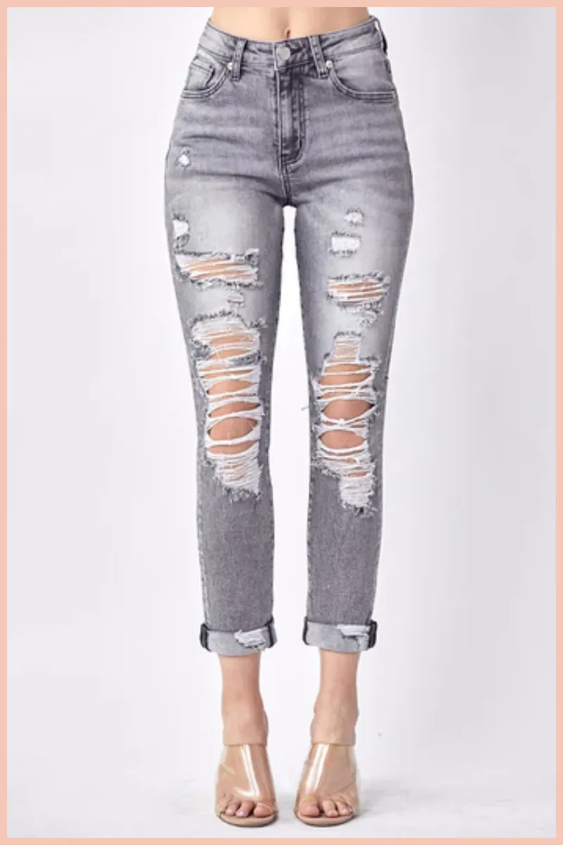 RISEN Distressed Relaxed Fit Rolled Skinny Jean