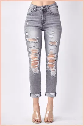 RISEN Distressed Relaxed Fit Rolled Skinny Jean