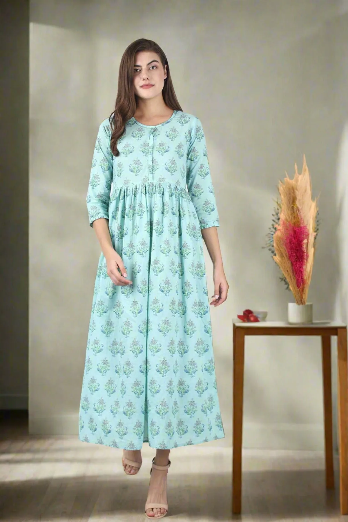 Sea Green Printed Ankle Long Ethnic Gown (pack of 1)