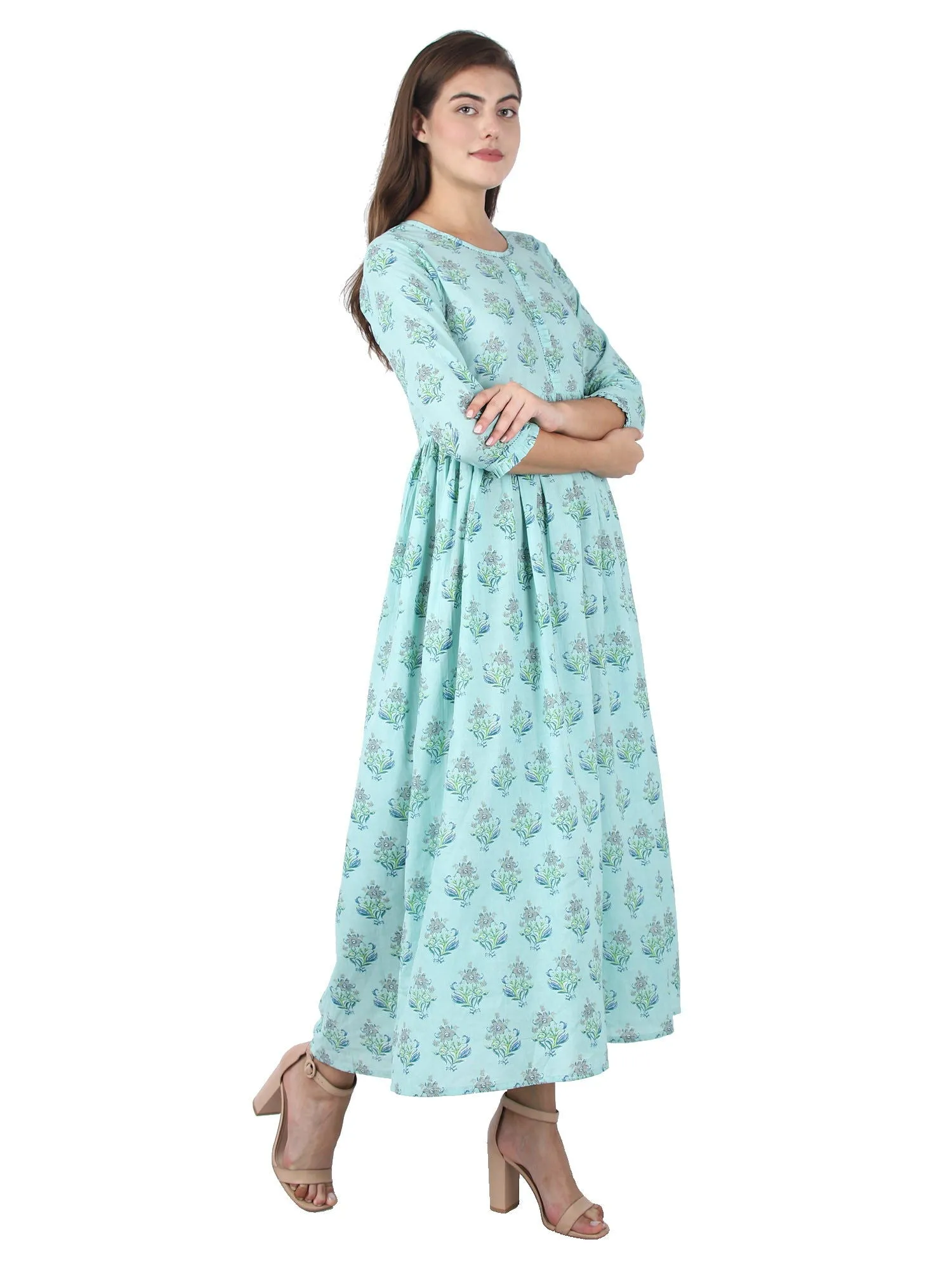 Sea Green Printed Ankle Long Ethnic Gown (pack of 1)