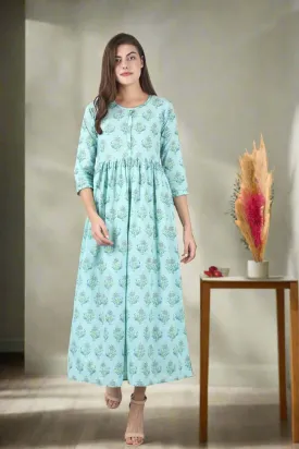 Sea Green Printed Ankle Long Ethnic Gown (pack of 1)