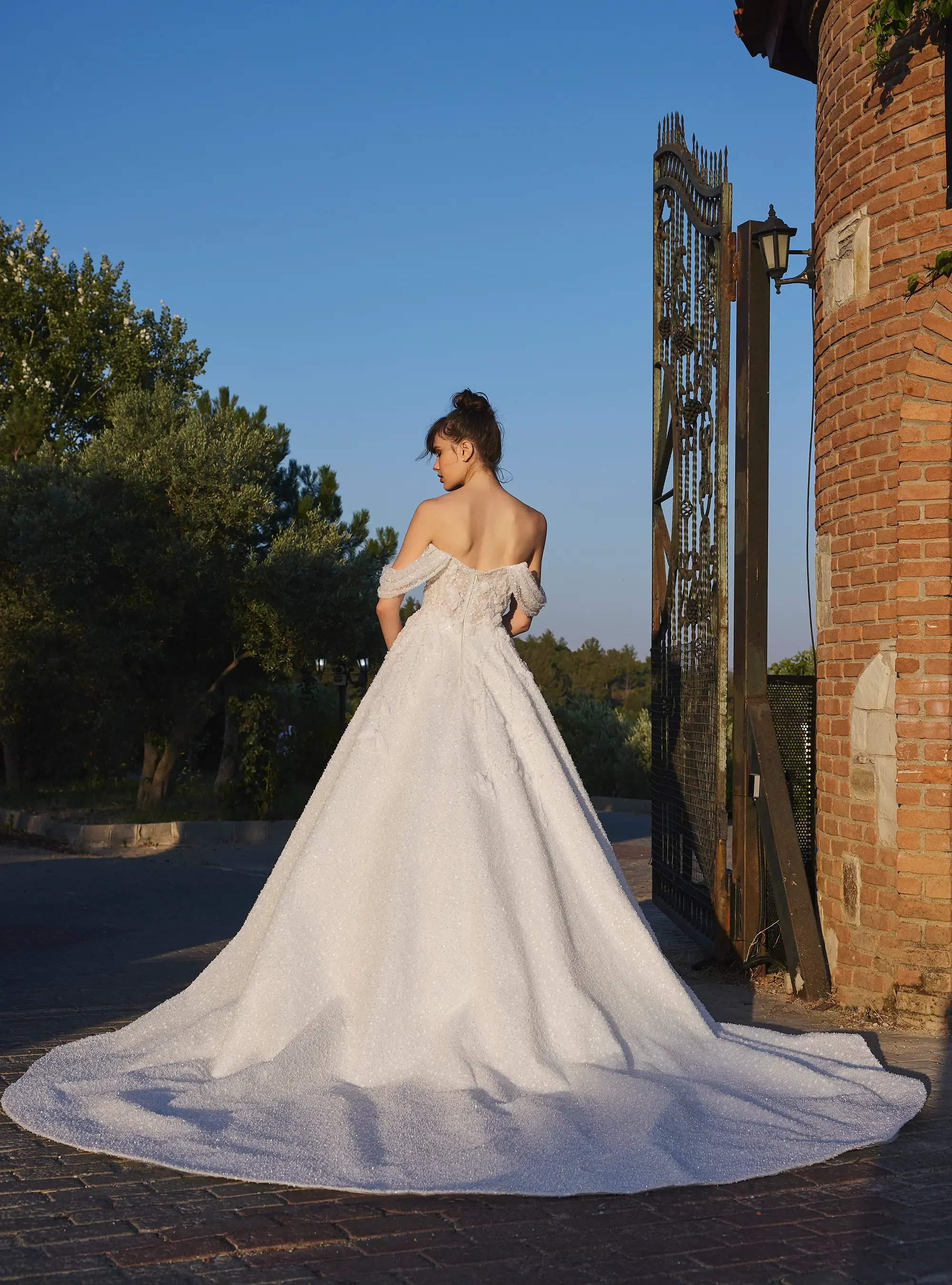 Shimmering Lace Bridal Gown with Florals Off Shoulder Neckline