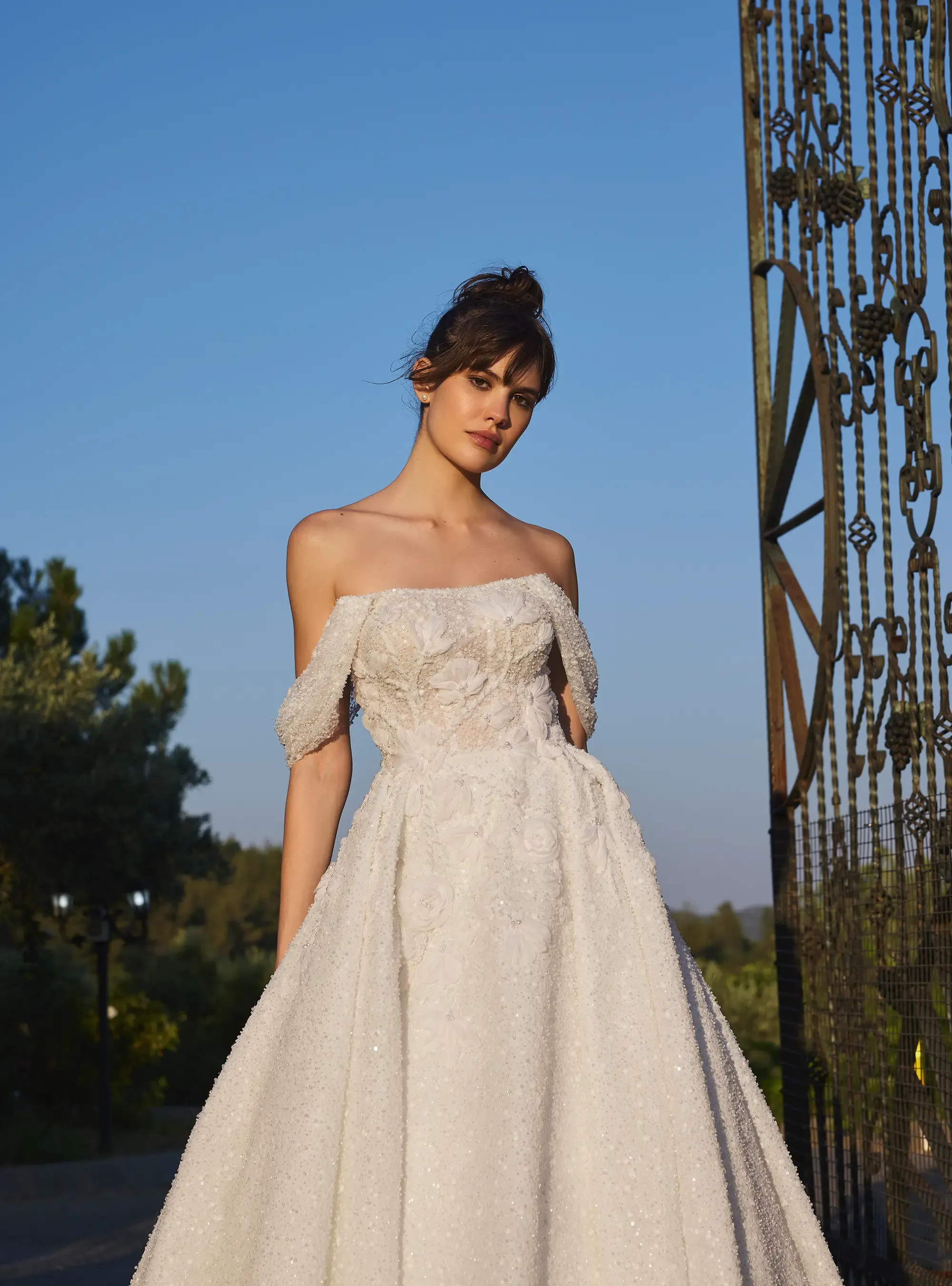 Shimmering Lace Bridal Gown with Florals Off Shoulder Neckline