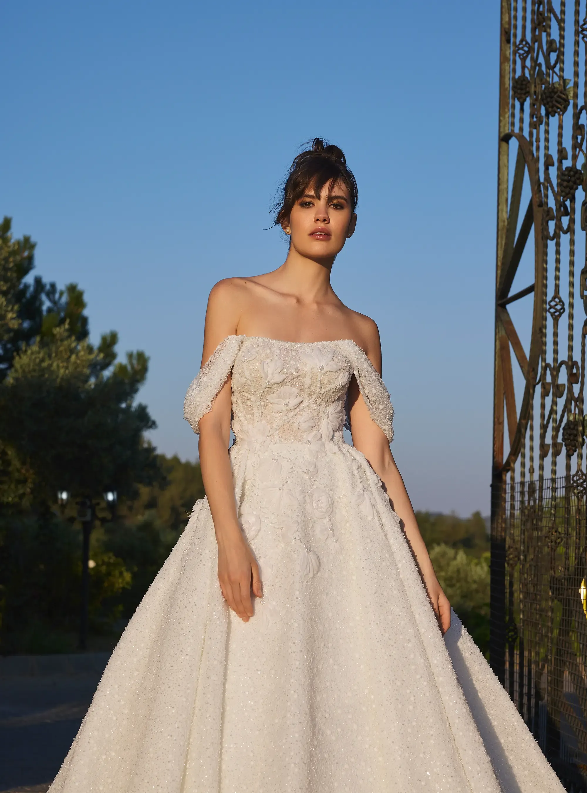 Shimmering Lace Bridal Gown with Florals Off Shoulder Neckline