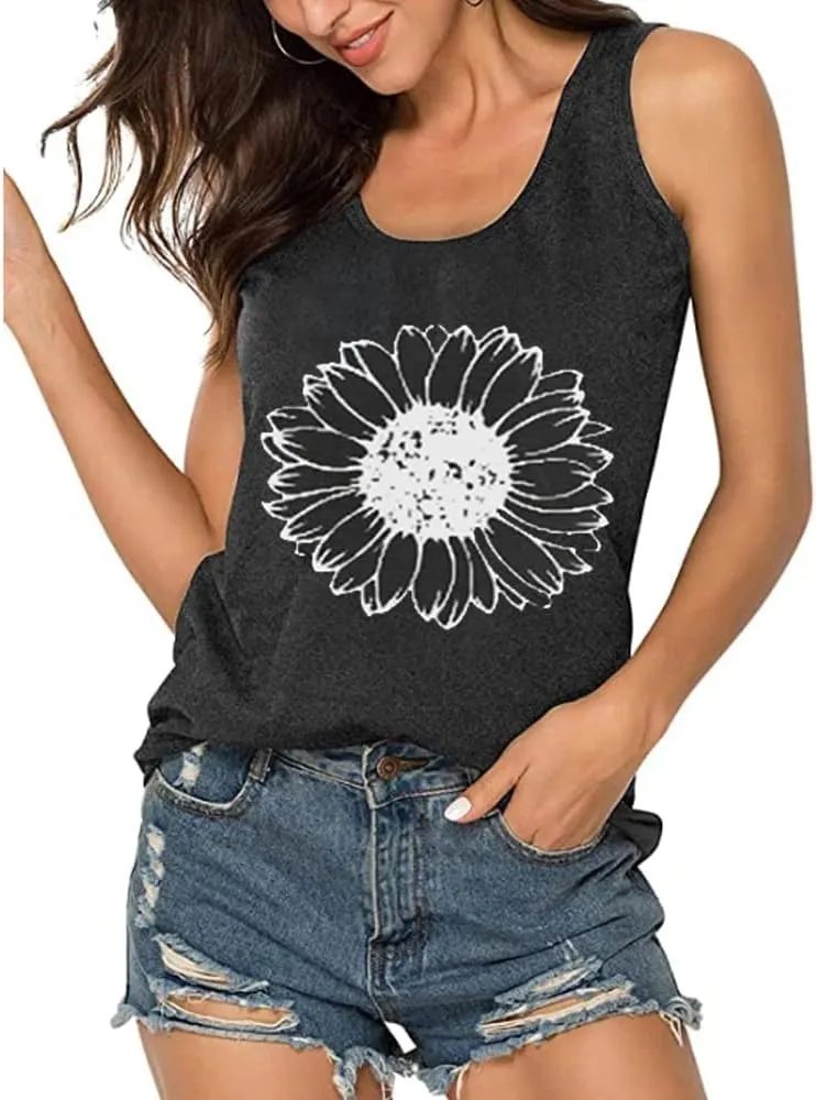 Sunflower Tank Women Funny Sunflower Graphic Sleeveless Shirts Summer Athletic Causal Beach Holiday Tee Hiking Top