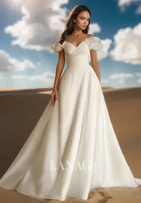 V-Neck Off-Shoulder Sleeveless Satin Bride Gowns Pleated Satin A-Line Wedding Dress
