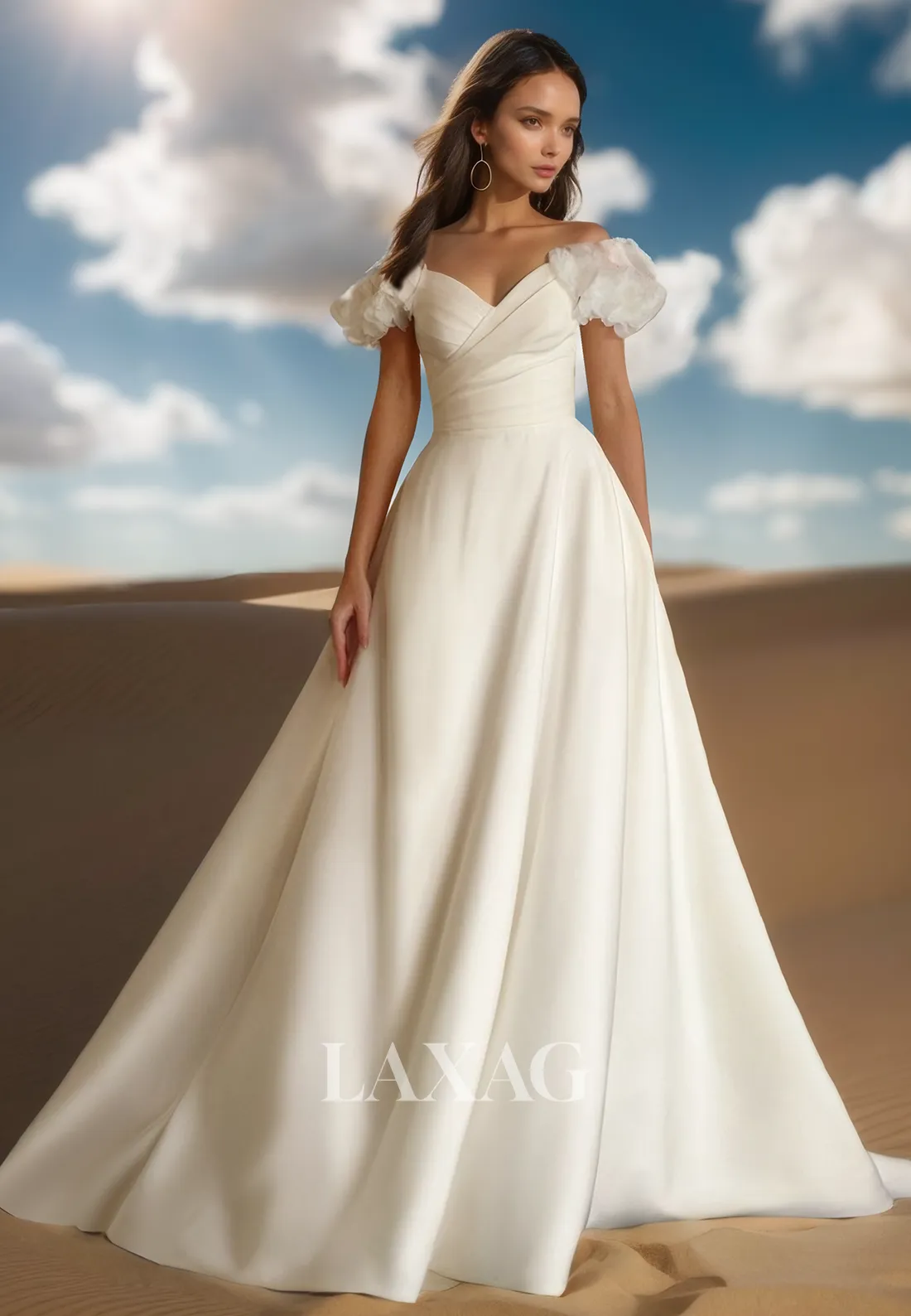 V-Neck Off-Shoulder Sleeveless Satin Bride Gowns Pleated Satin A-Line Wedding Dress