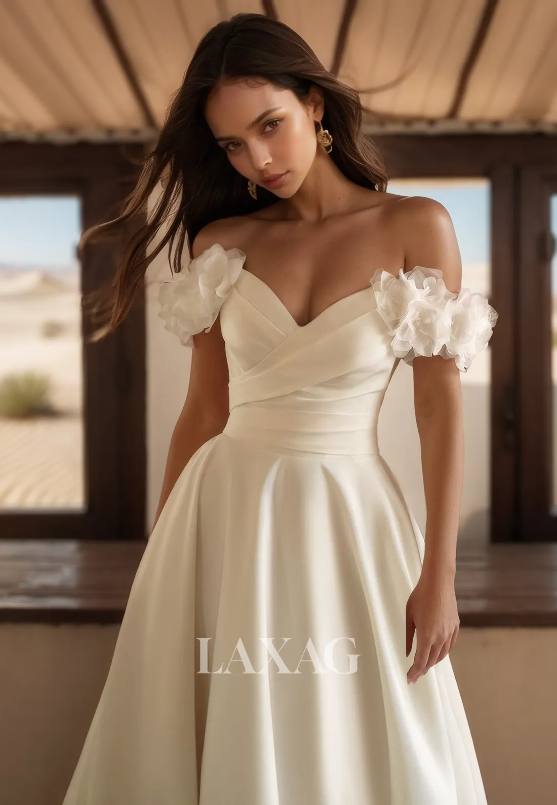 V-Neck Off-Shoulder Sleeveless Satin Bride Gowns Pleated Satin A-Line Wedding Dress