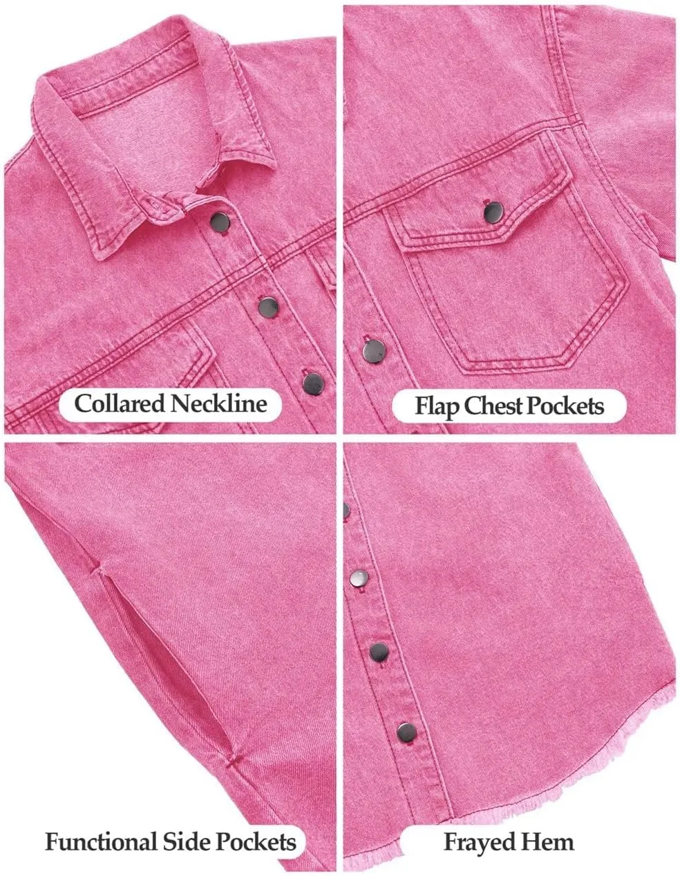 Vetinee Womens Oversized Button Up Frayed Hem Shacket Long Sleeve Pockets Denim Jean Jacket