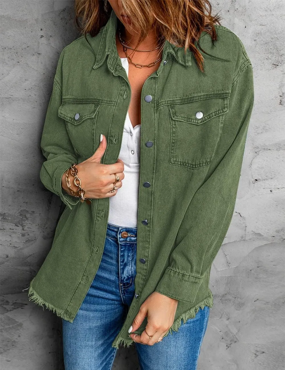 Vetinee Womens Oversized Button Up Frayed Hem Shacket Long Sleeve Pockets Denim Jean Jacket
