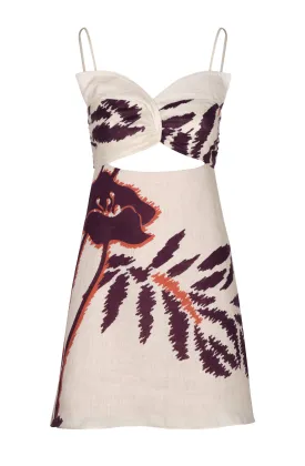 Victoria Linen Mini Dress / Ecru - Purple Gladiolos