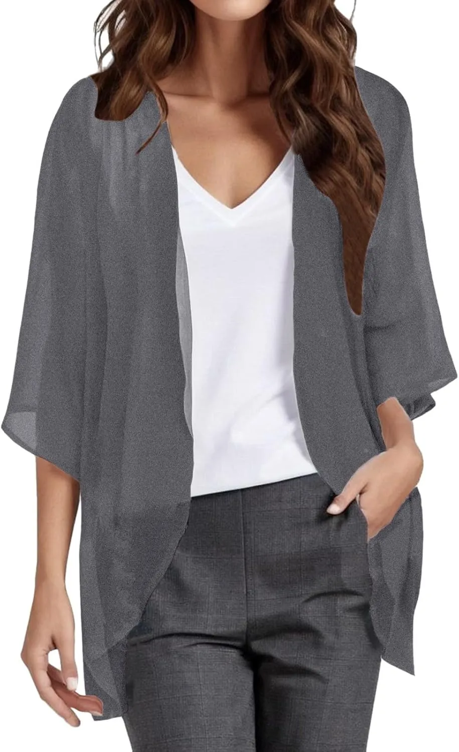 Women Chiffon Kimono Cardigan,Dressy 3/4 Sleeve Chiffon Open Front Lightweight Summer Blouse Tops,Sheer Beach Cover Up