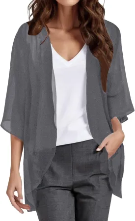 Women Chiffon Kimono Cardigan,Dressy 3/4 Sleeve Chiffon Open Front Lightweight Summer Blouse Tops,Sheer Beach Cover Up