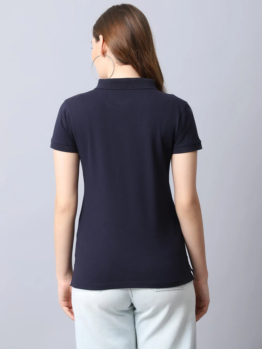 Women's Casual Regular Short Sleeve Navy Blue Polo neck  T-Shirt