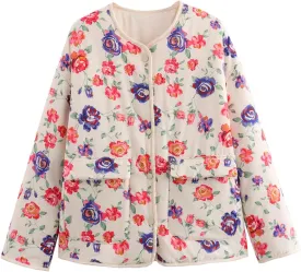 Womens Quilted Puffer Jacket Lightweight Cropped Floral Print Winter Coat Padded Cardigan Trendy Puffy Jackets