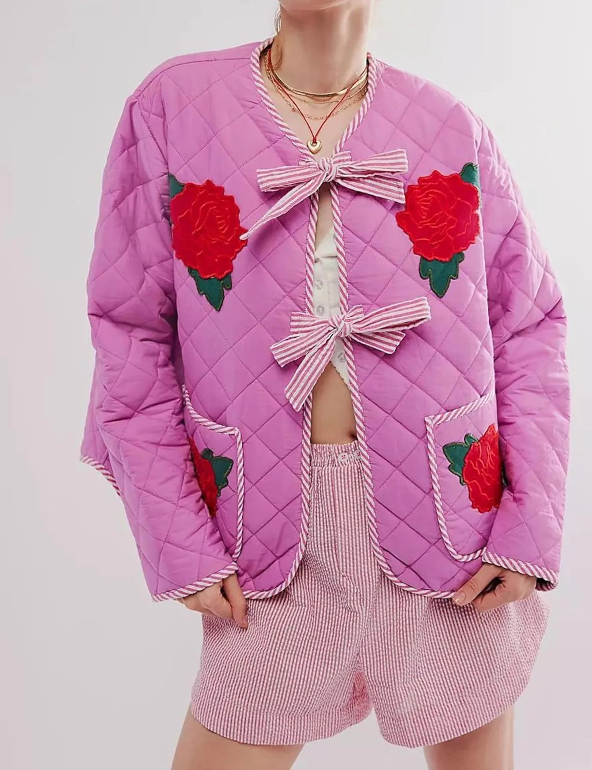 Womens Quilted Puffer Jacket Lightweight Cropped Floral Print Winter Coat Padded Cardigan Trendy Puffy Jackets